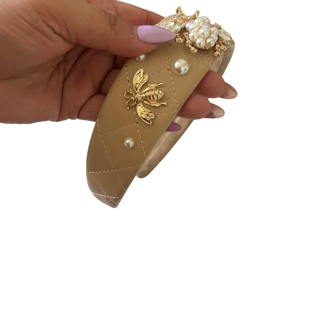 Women's Quilted Tan Faux Leather Headband with Gold Bee and Pearl Embellishments